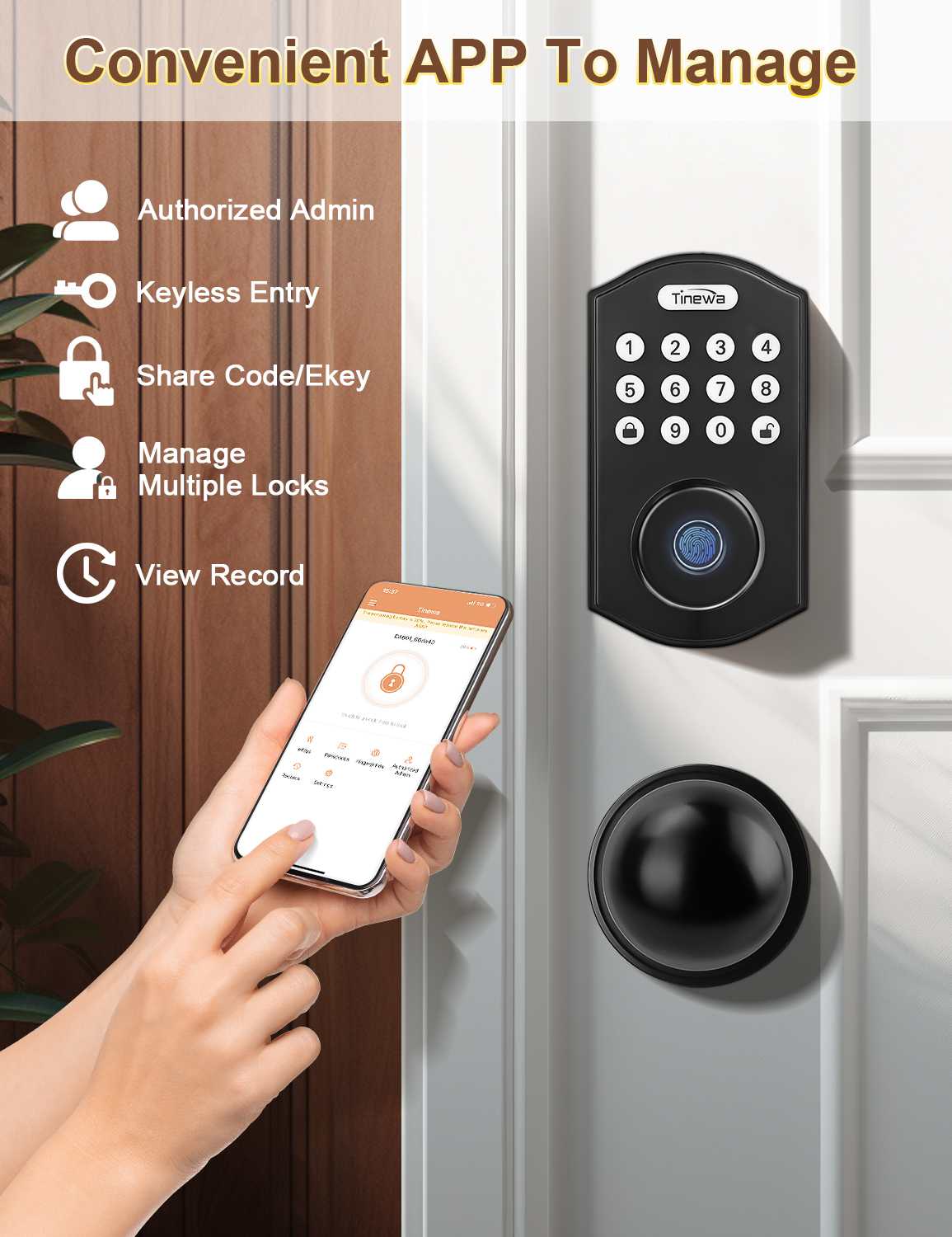 Tinewa Fingerprint Door Lock, Round Keypad Door Lock with Door Knob, Electronic Smart Deadbolt, Front Door Handle Sets, APP Control, Keyless Entry, Auto Lock - Tinewa