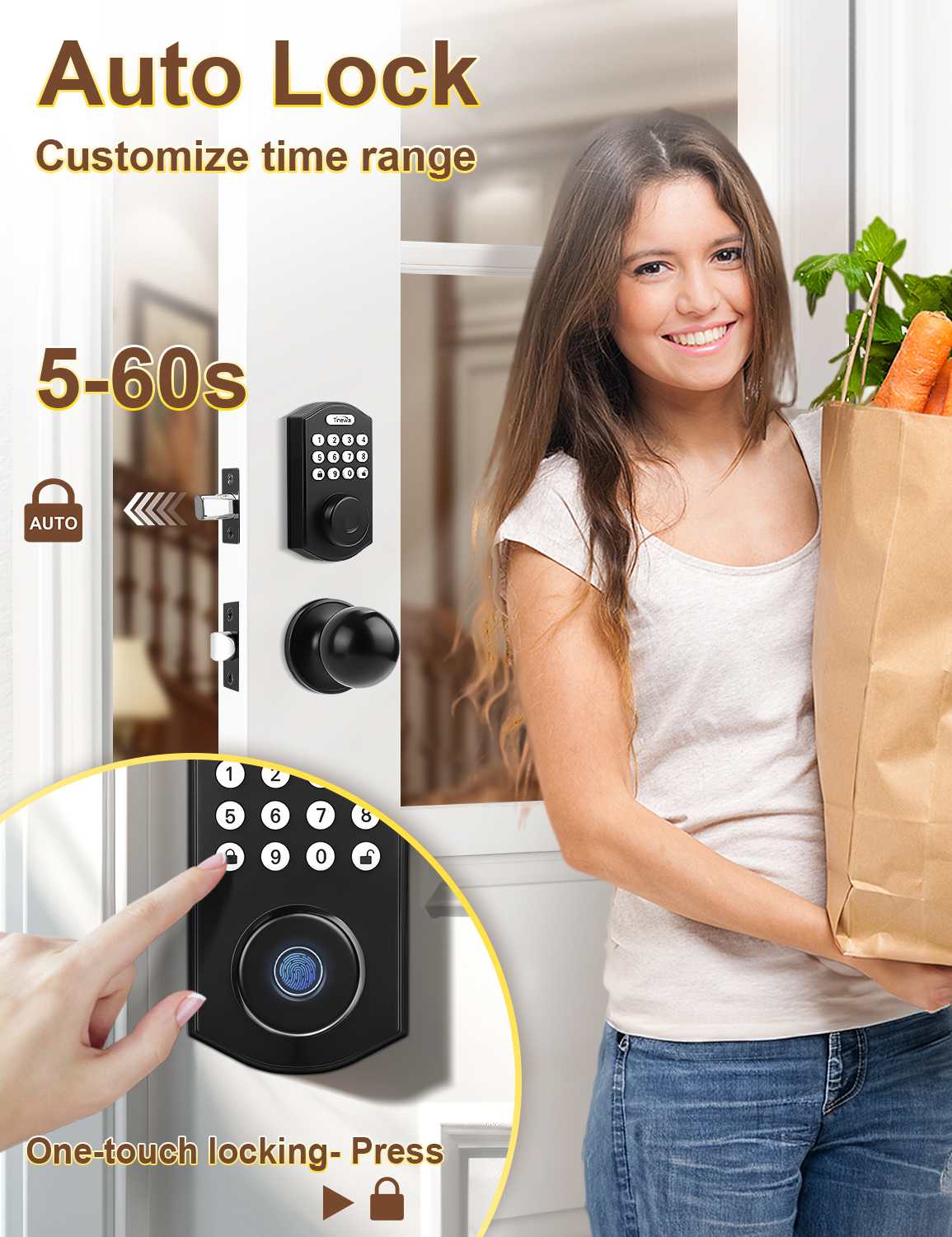 Tinewa Fingerprint Door Lock, Round Keypad Door Lock with Door Knob, Electronic Smart Deadbolt, Front Door Handle Sets, APP Control, Keyless Entry, Auto Lock - Tinewa