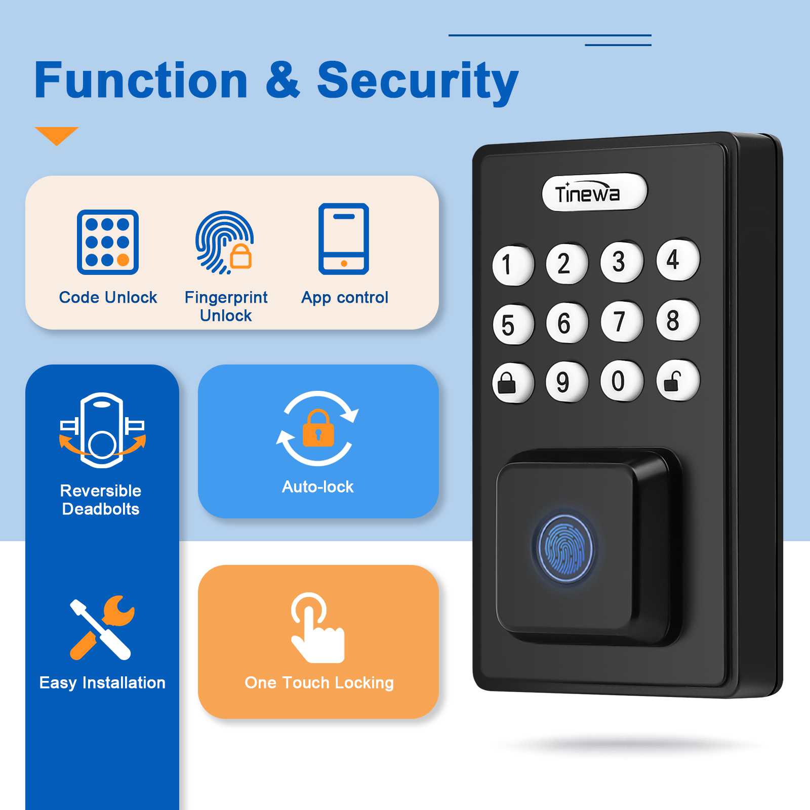 Smart lock with fingerprint, app control, keypad, and mechanical key access