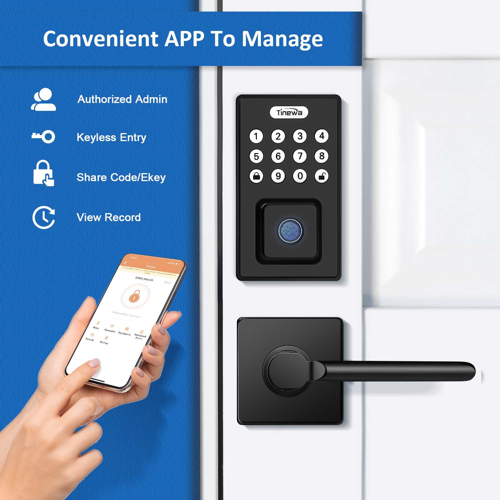 Smart door lock with mobile app for remote access, code sharing, and log tracking