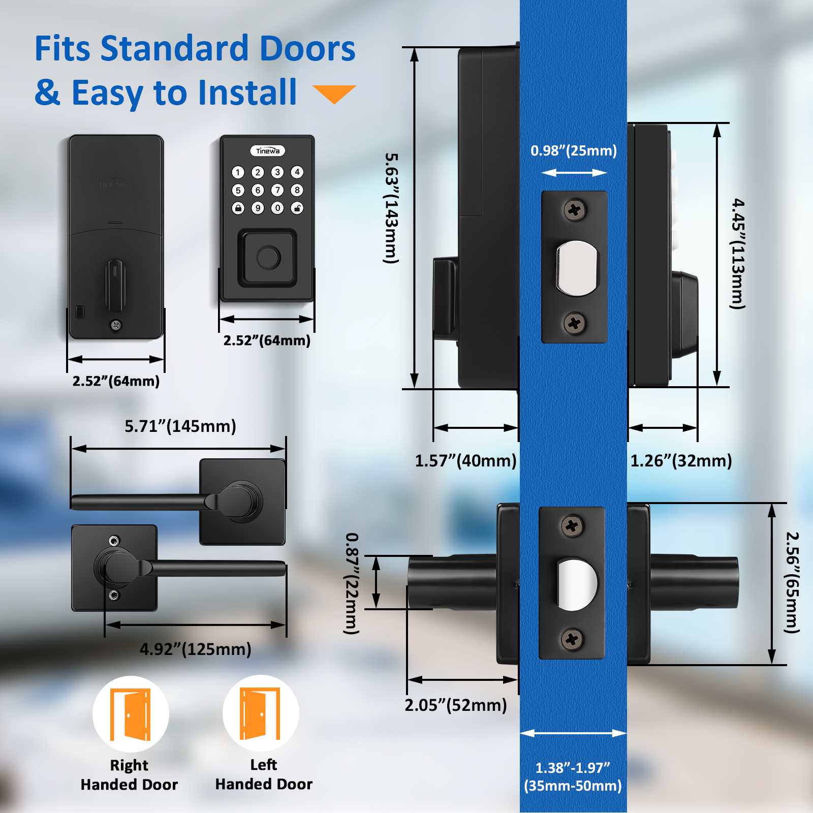 Lever handle reversible for both left and right-handed door installations