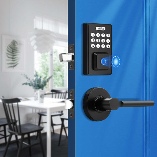 Tinewa smart door lock set in black with fingerprint sensor, keypad, and front door handle