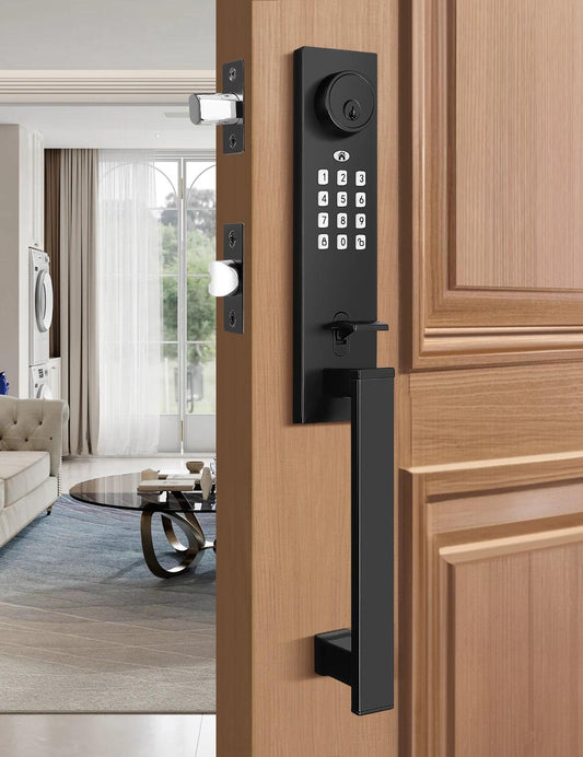 Tinewa Keyless Entry Door Lock with Lever, Full Escutcheon Smart Door Handle, Digital Keypad Deadbolt with App, Front Door Handleset with Single Cylinder Deadbolt and Lever, Auto Locking, Black Finish - Tinewa