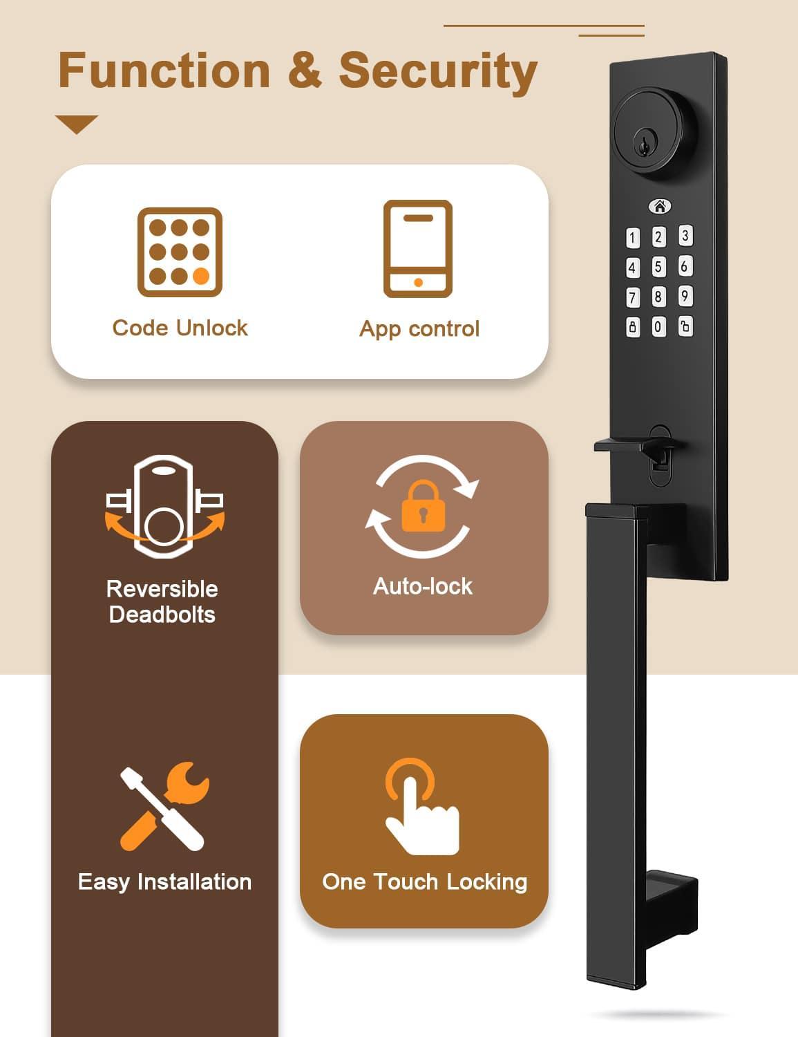 Tinewa Keyless Entry Door Lock with Lever, Full Escutcheon Smart Door Handle, Digital Keypad Deadbolt with App, Front Door Handleset with Single Cylinder Deadbolt and Lever, Auto Locking, Black Finish - Tinewa
