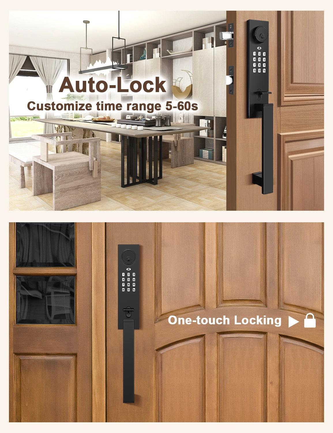 Tinewa Keyless Entry Door Lock with Lever, Full Escutcheon Smart Door Handle, Digital Keypad Deadbolt with App, Front Door Handleset with Single Cylinder Deadbolt and Lever, Auto Locking, Black Finish - Tinewa