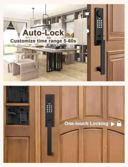 Tinewa Keyless Entry Door Lock with Lever, Full Escutcheon Smart Door Handle, Digital Keypad Deadbolt with App, Front Door Handleset with Single Cylinder Deadbolt and Lever, Auto Locking, Black Finish - Tinewa