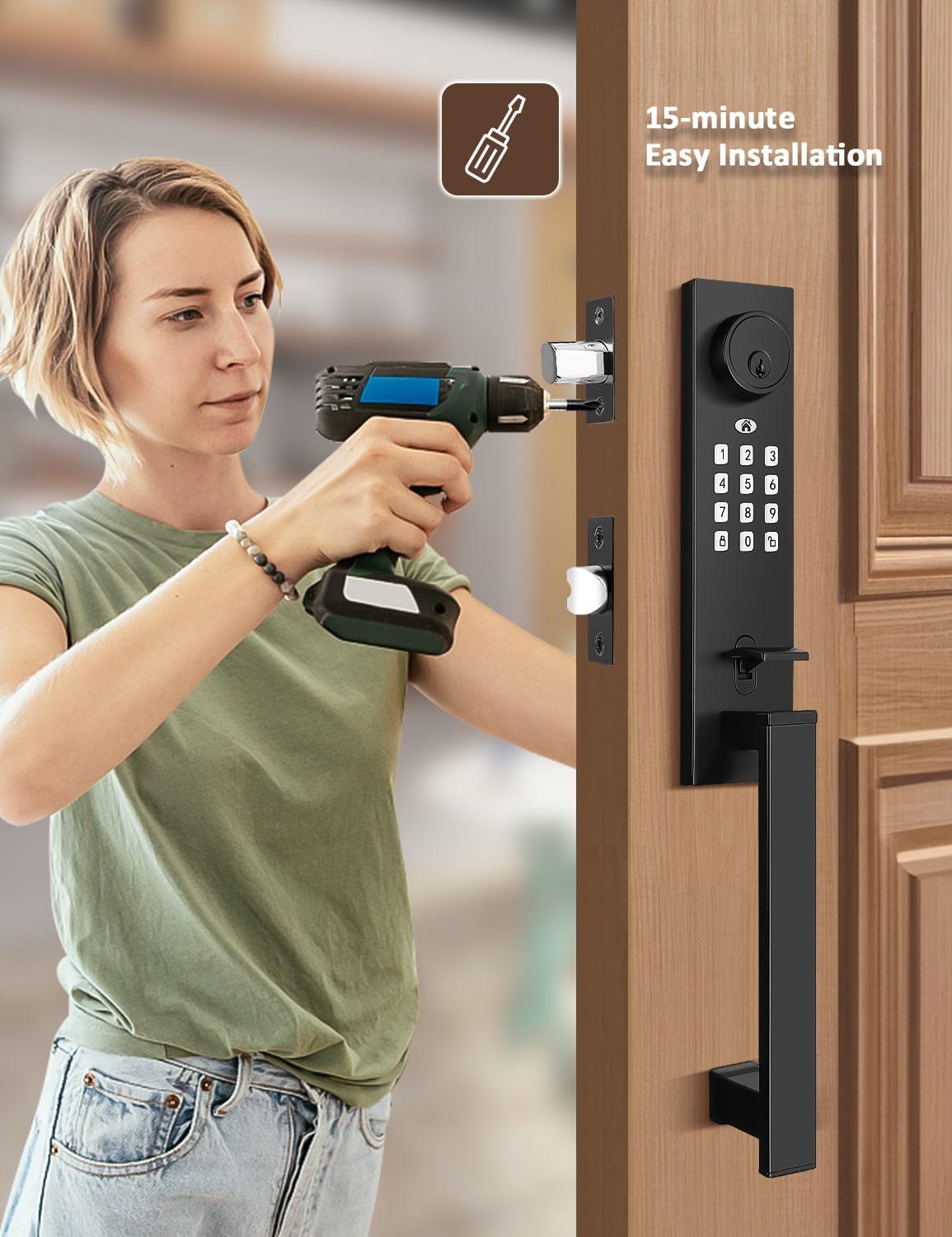 Tinewa Keyless Entry Door Lock with Lever, Full Escutcheon Smart Door Handle, Digital Keypad Deadbolt with App, Front Door Handleset with Single Cylinder Deadbolt and Lever, Auto Locking, Black Finish - Tinewa