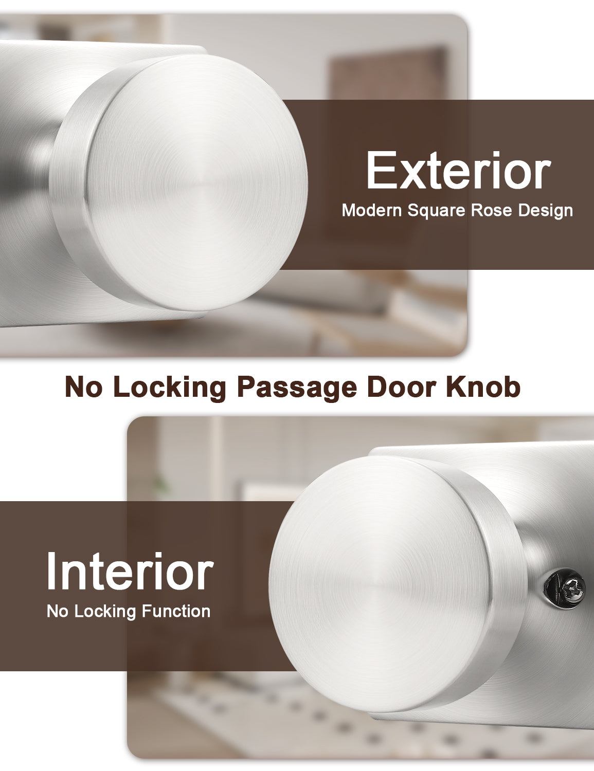 Tinewa Interior Passage Door Knob, Handle for Closet and Hallway Doors, Heavy Duty Square Non-Locking Door Knob, Keyless Door Knobs on Square Rose  (1-10 pack)