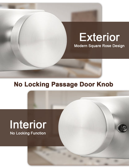 Tinewa Interior Passage Door Knob, Handle for Closet and Hallway Doors, Heavy Duty Square Non-Locking Door Knob, Keyless Door Knobs on Square Rose  (1-10 pack)