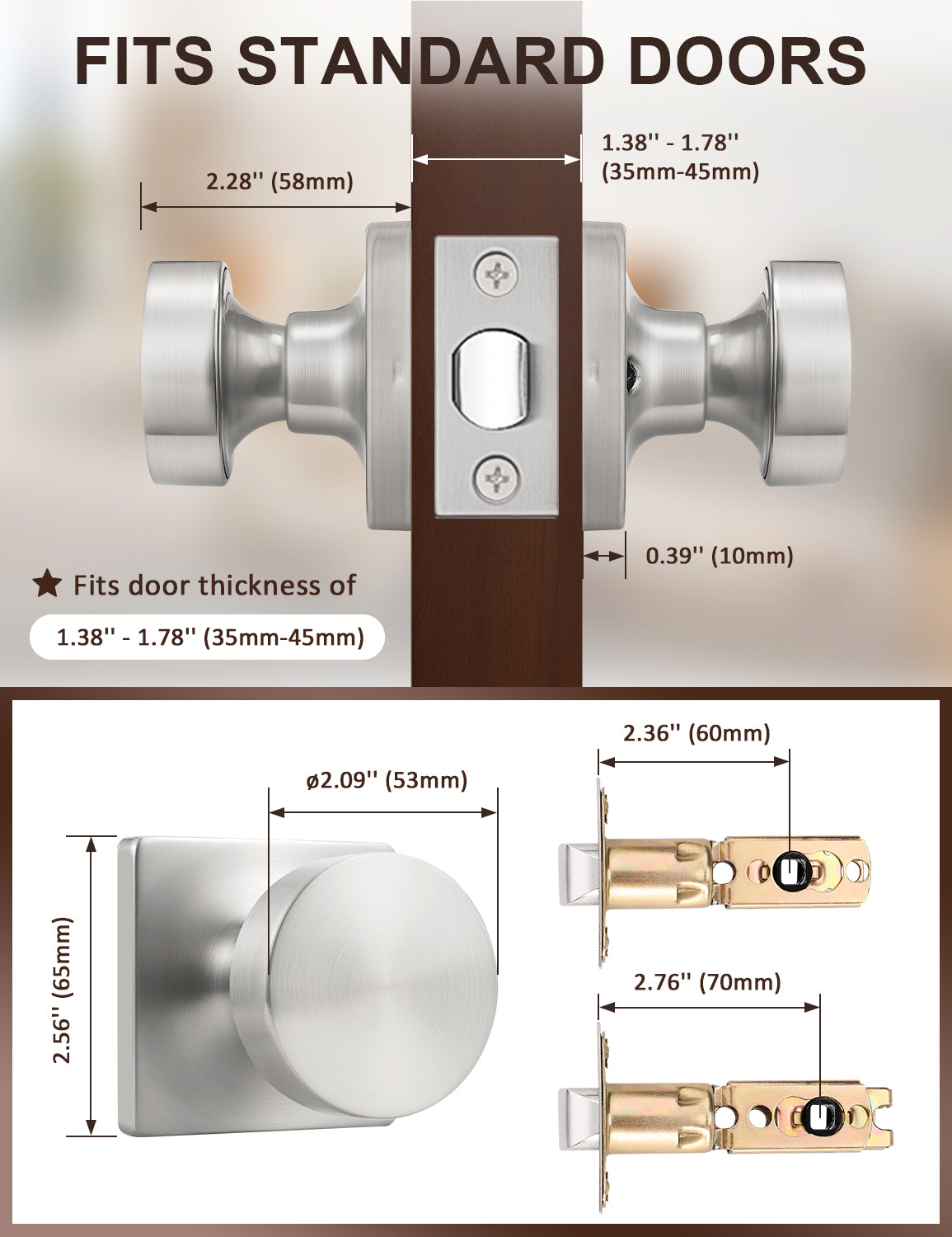 Tinewa Interior Passage Door Knob, Handle for Closet and Hallway Doors, Heavy Duty Square Non-Locking Door Knob, Keyless Door Knobs on Square Rose  (1-10 pack)