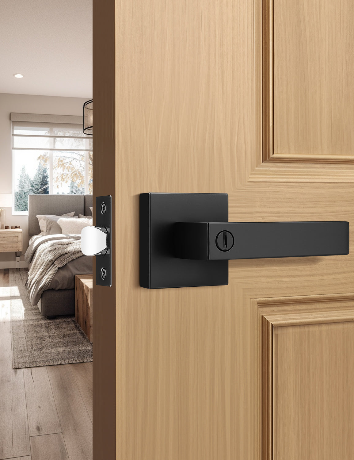Matte black square privacy door lever with sleek modern design for bed or bath use
