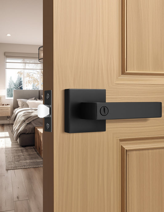 Matte black square privacy door lever with sleek modern design for bed or bath use