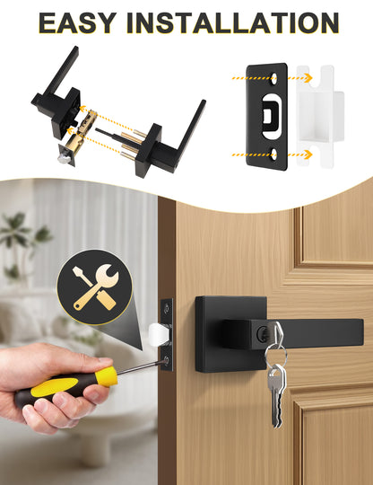 Easy-to-install matte black square entrance door handle with lock