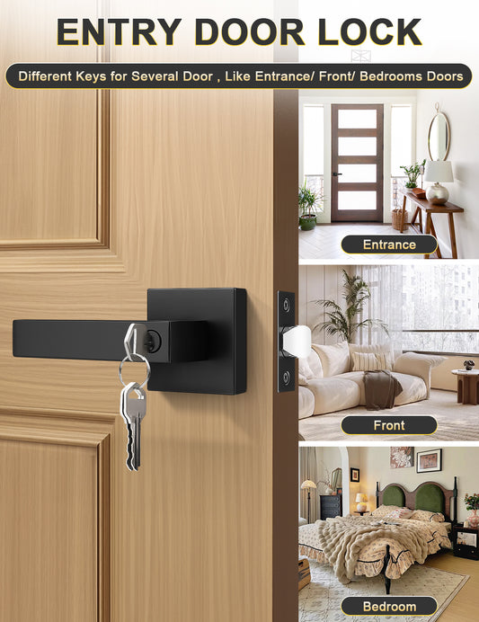 Tinewa matte black square entrance door handle with lock and key