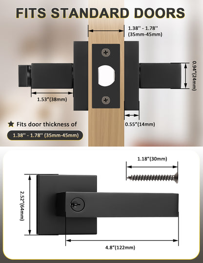 Matte black square door handle set compatible with most standard doors