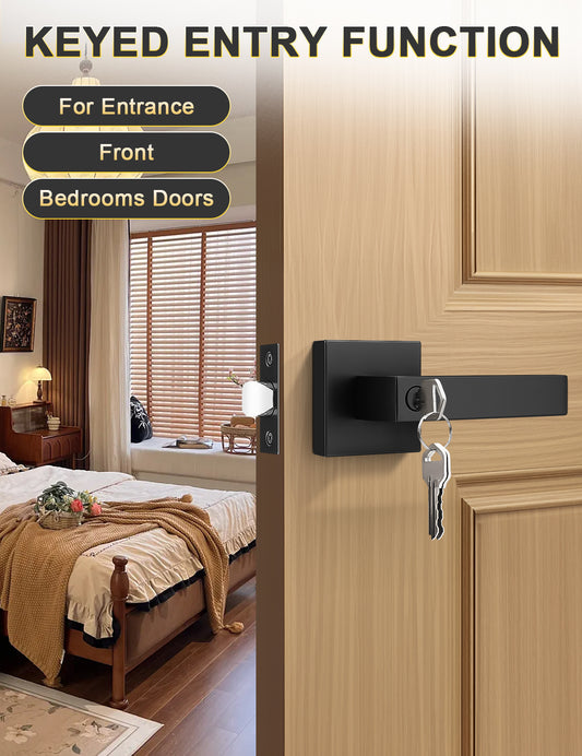 Tinewa matte black square entrance door handle with lock and key