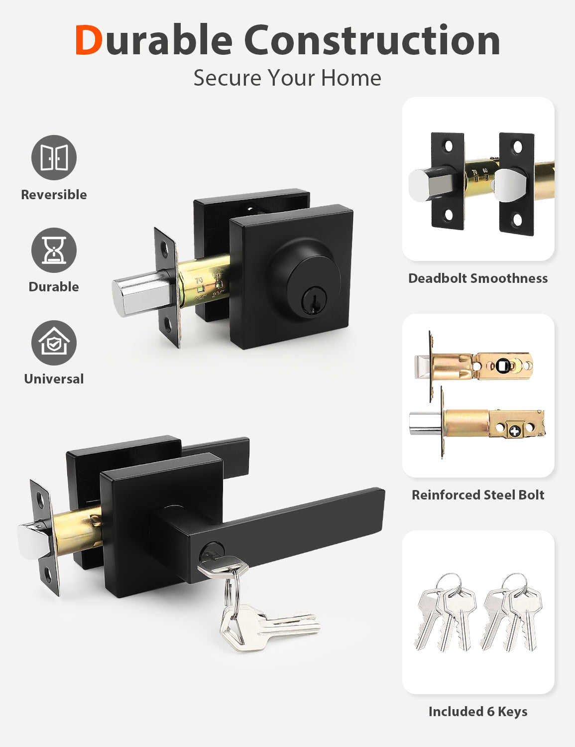 Tinewa Entry Door Lever with Single Cylinder Deadbolt, Black Keyed Alike Front Door Lock Set ,Privacy Handles Locksets for Entrance/Front and Office Doors