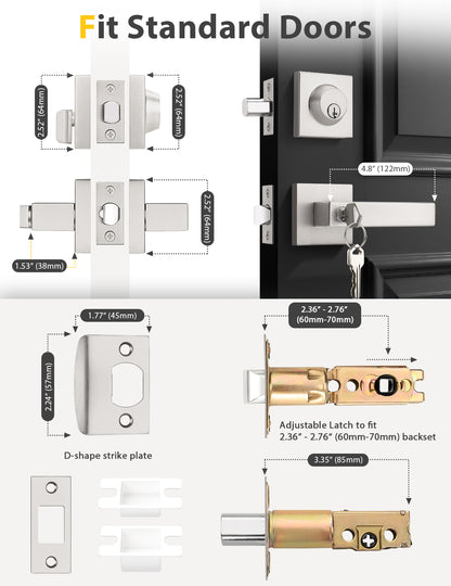 Tinewa Entry Door Lever with Single Cylinder Deadbolt, Brushed Nickel Keyed Alike Front Door Lock Set ,Privacy Handles Locksets for Entrance/Front and Office Doors