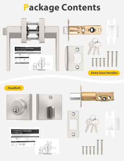 Tinewa Entry Door Lever with Single Cylinder Deadbolt, Brushed Nickel Keyed Alike Front Door Lock Set ,Privacy Handles Locksets for Entrance/Front and Office Doors