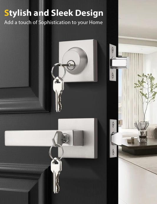 Tinewa brushed nickel keyed alike front door lever with single cylinder deadbolt