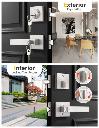 Tinewa Entry Door Lever with Single Cylinder Deadbolt, Brushed Nickel Keyed Alike Front Door Lock Set ,Privacy Handles Locksets for Entrance/Front and Office Doors