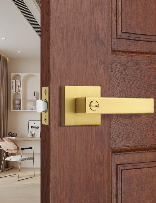 Gold square privacy door lever with modern design for bedrooms and bathrooms