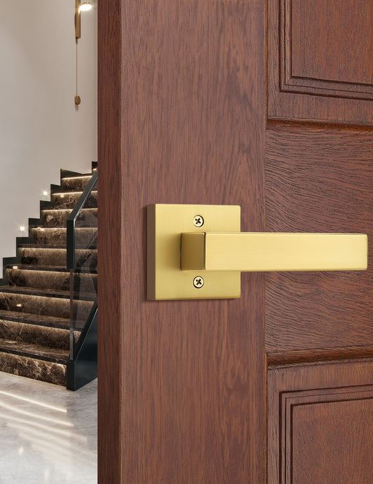 Tinewa gold dummy door handle with modern square lever design in brushed finish
