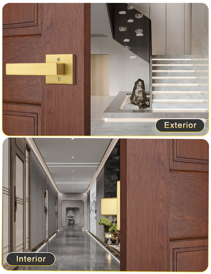 Gold Keyless Square Levers Handles, Interior Dummy Door Locksets for Hall Closet Door Knobs Lock Reversible Right & Left Handed - Tinewa