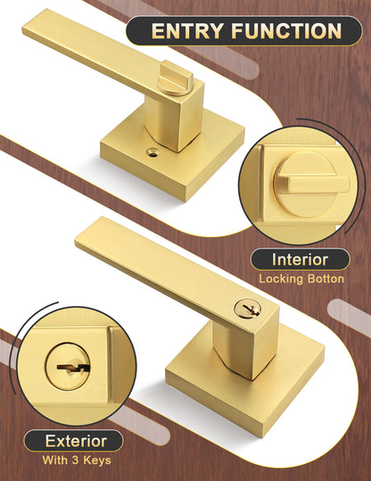 Tinewa Keyed Alike Entry Door Levers with Lock, Brushed Gold Door Lockset, Entrance Door Handles for Bedroom, Bathroom and Front Door (Each with 3 Keys)