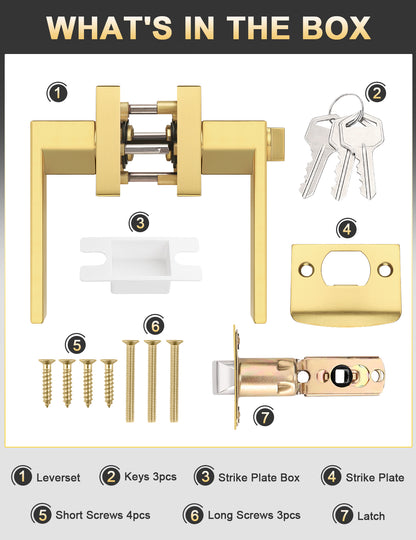 Brushed gold square door handle set with lock, keys, and installation hardware