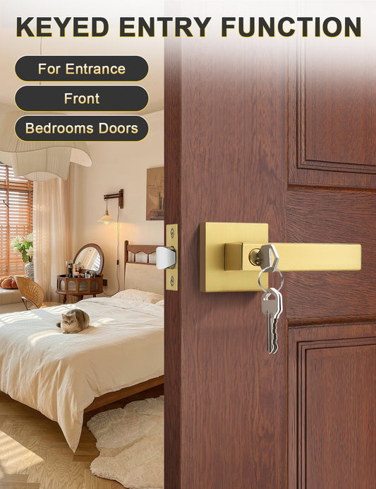 Tinewa brushed gold square entrance door handle with lock and key