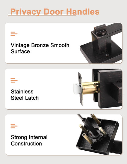 TINEWA Bronze Privacy Door Levers Interior, Vintage Square Door Handles for Bedroom or Bathroom