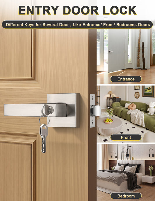 Tinewa brushed nickel square entrance door handle with lock and key