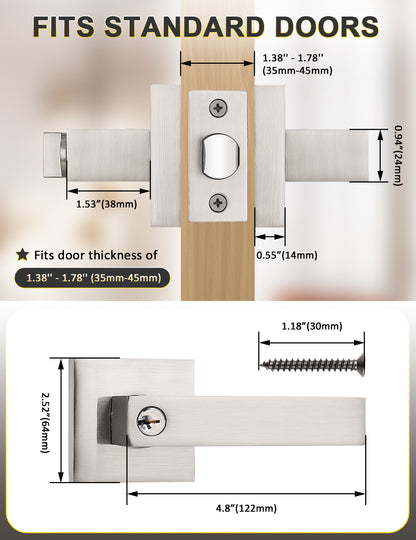 Brushed nickel square door handle set compatible with most standard doors