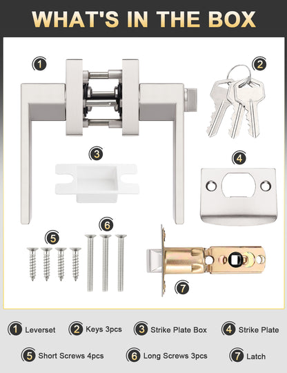 Brushed nickel square door handle set with lock, keys, and installation hardware
