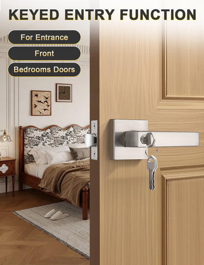 Tinewa brushed nickel square entrance door handle with lock and key