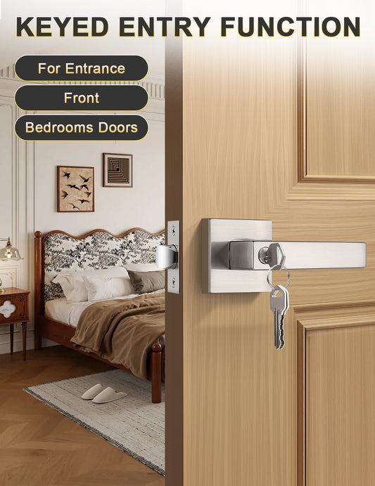Tinewa brushed nickel square entrance door handle with lock and key