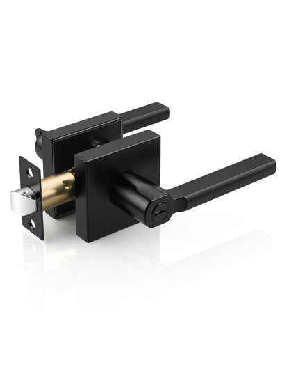 Matte black square privacy door lever, modern locking handle for bedroom and bathroom doors