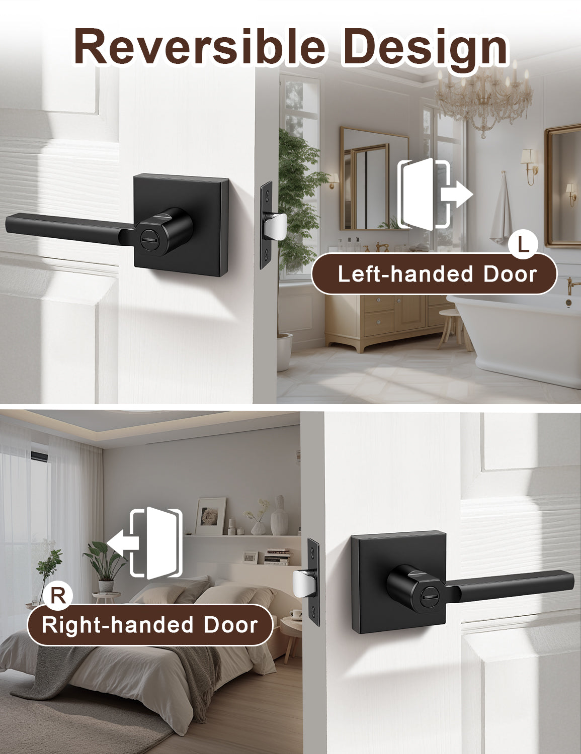 Reversible matte black privacy door lever for left and right handed doors