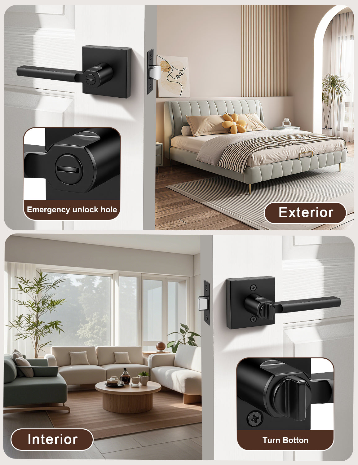 Square privacy door lever interior and exterior door view