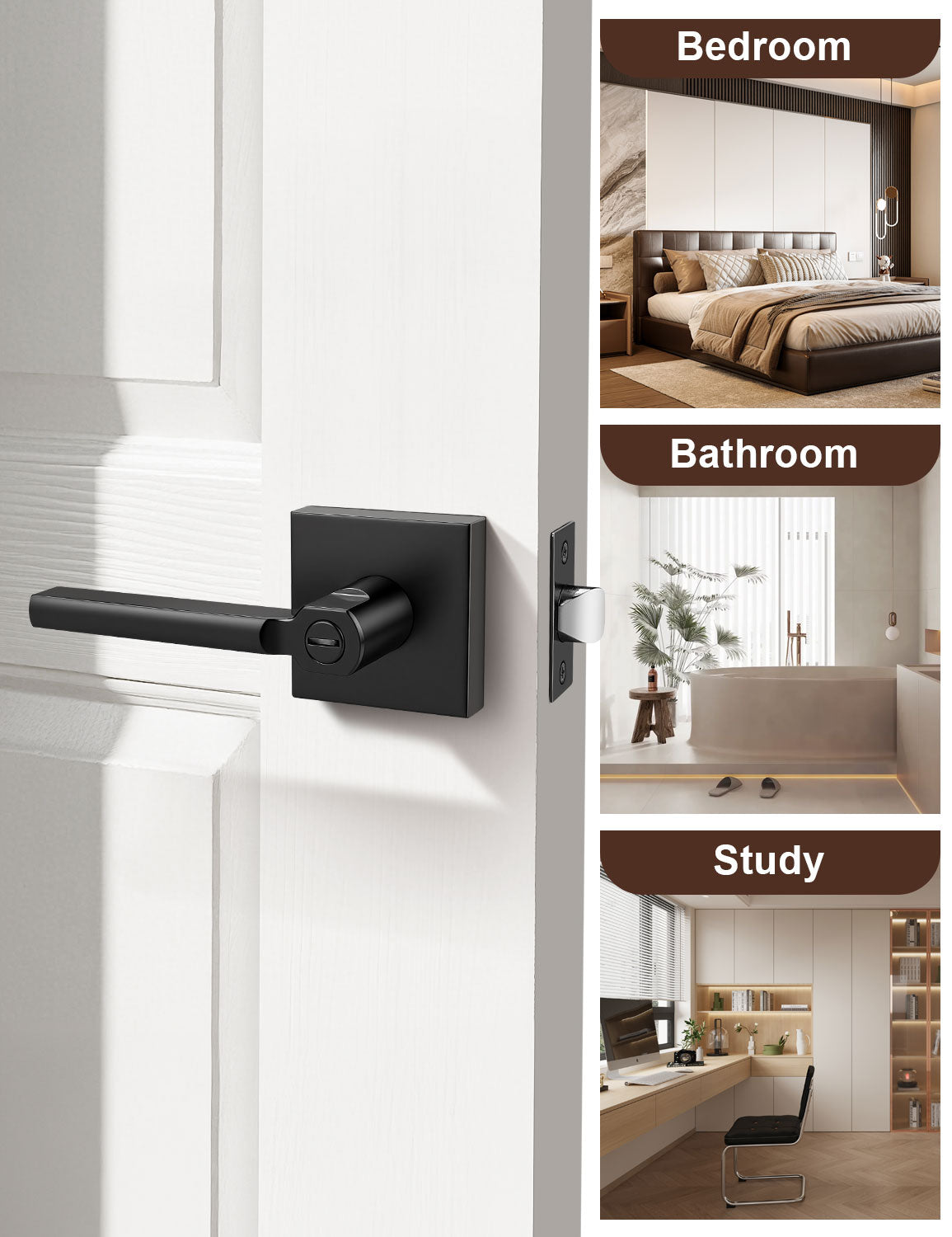 Matte black privacy door lever for bedroom and bathroom doors