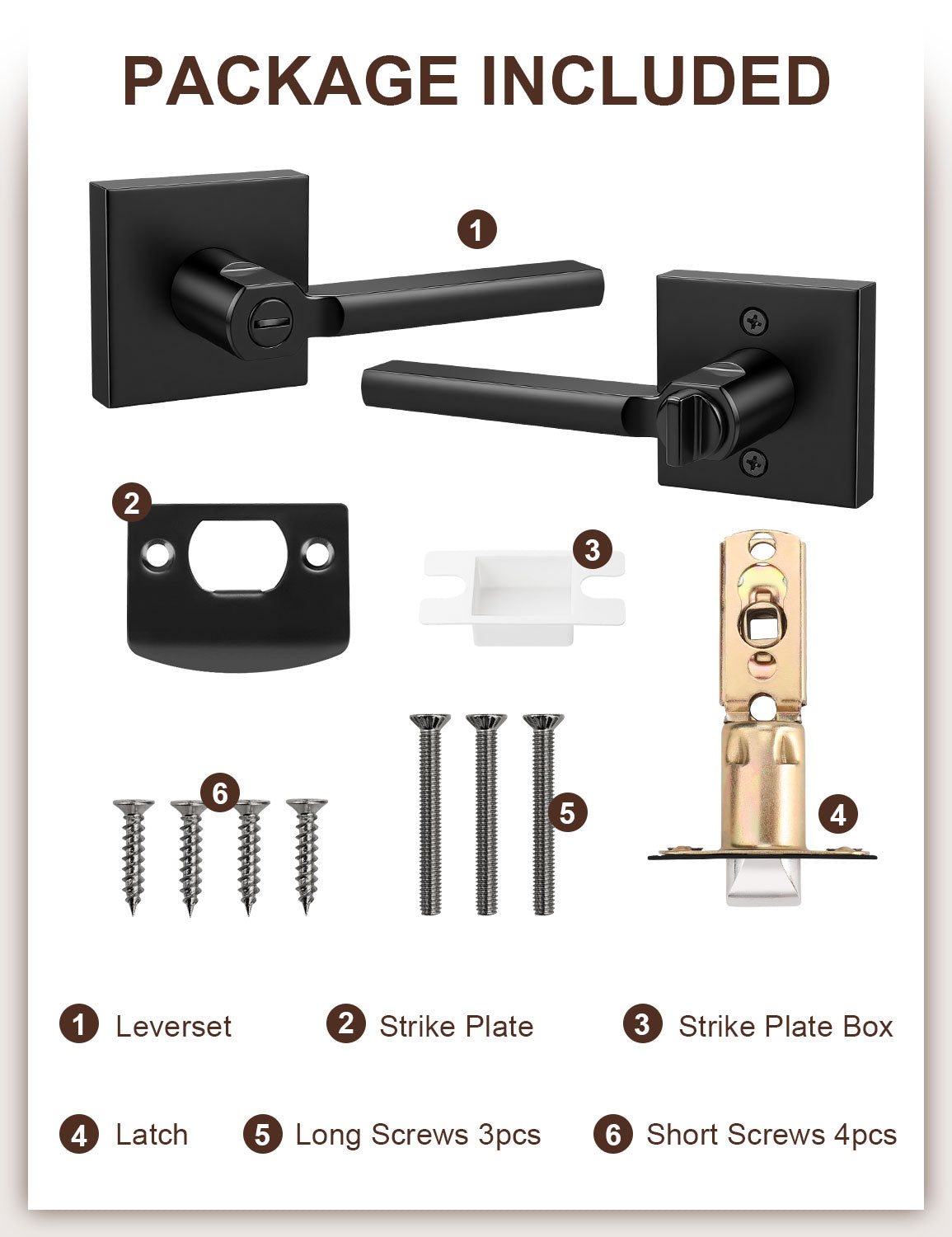 Matte black privacy door lever set with handles, latch, screws, and instructions