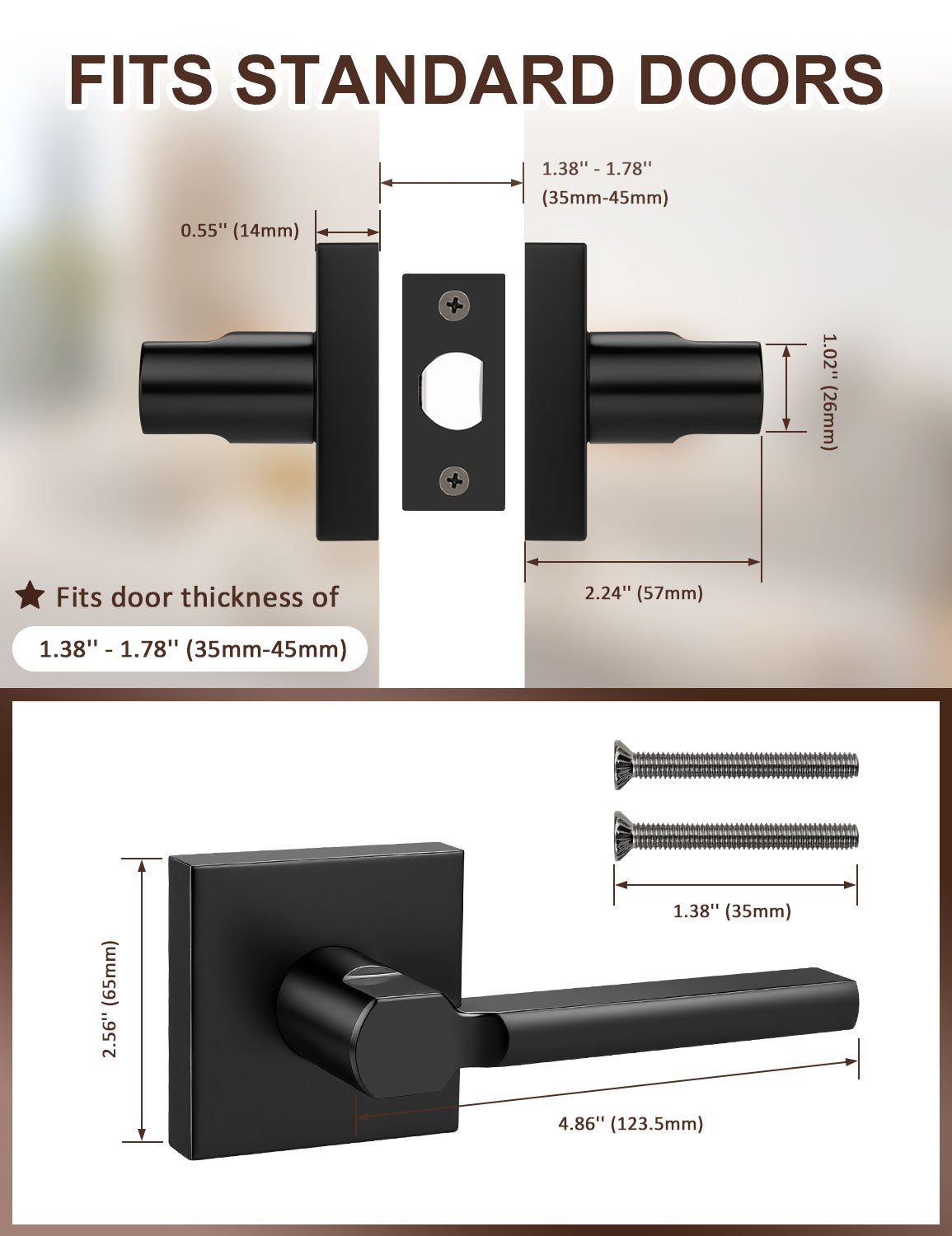 Square passage door lever fits standard US interior doors