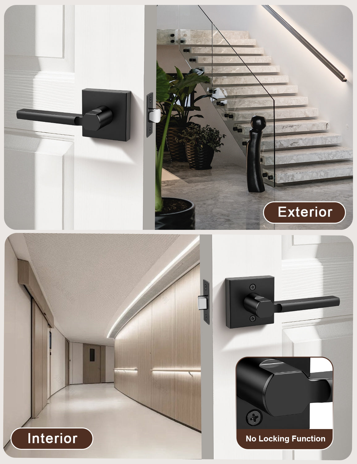 Square passage door lever interior and exterior door view