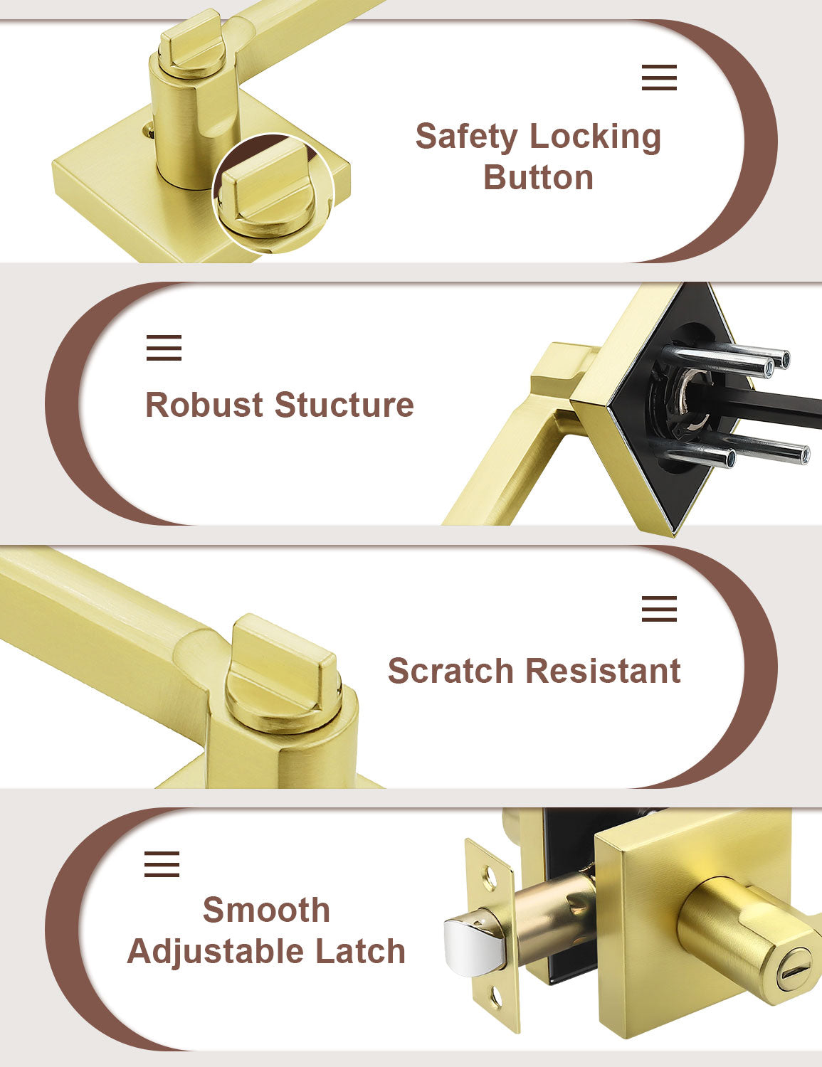 Heavy-duty metal construction brushed gold privacy door handle with premium finish
