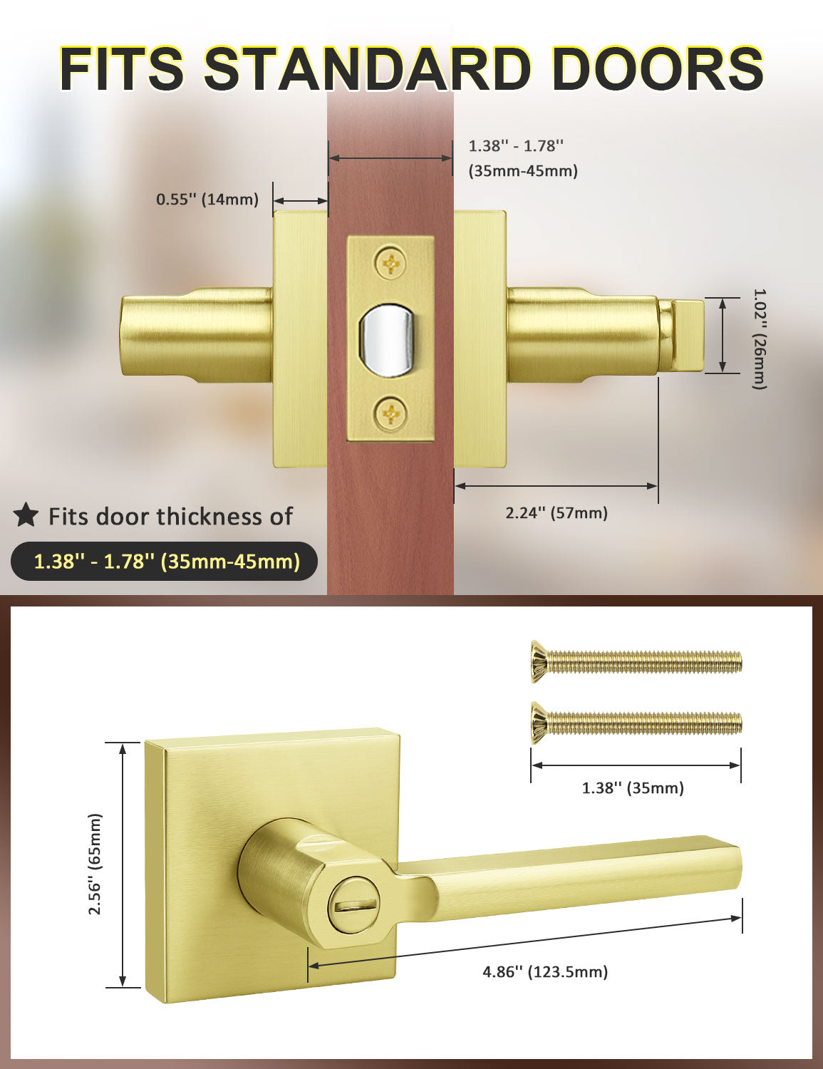 Square privacy door lever designed to fit standard US interior doors