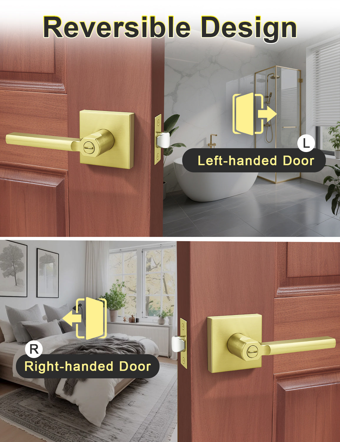 Reversible brushed gold privacy door lever for left- and right-handed doors
