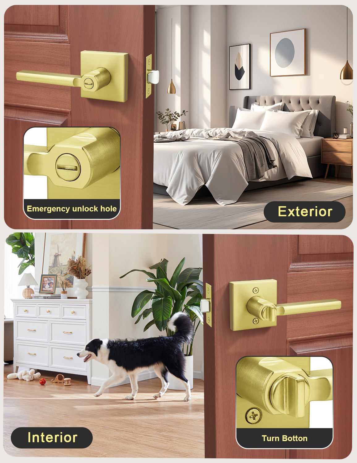 Modern square privacy door lever shown from interior and exterior door views