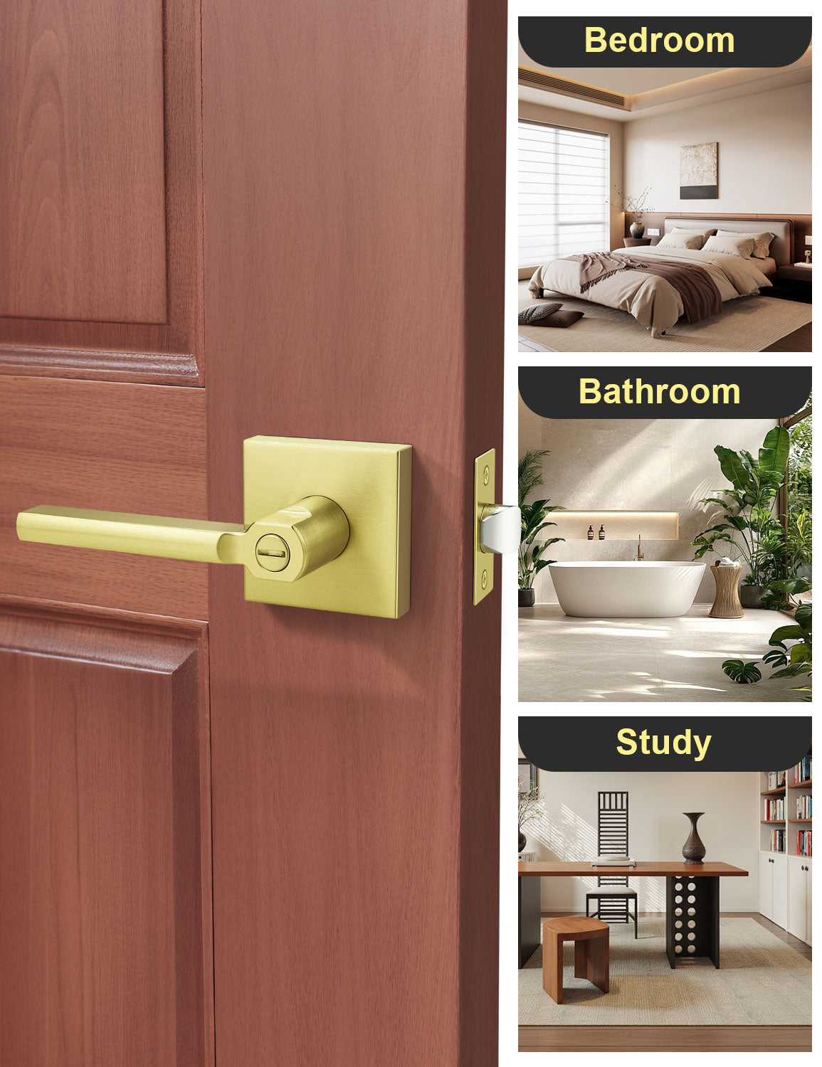 Brushed gold privacy door lever installed on bedroom and bathroom doors in modern home interiors