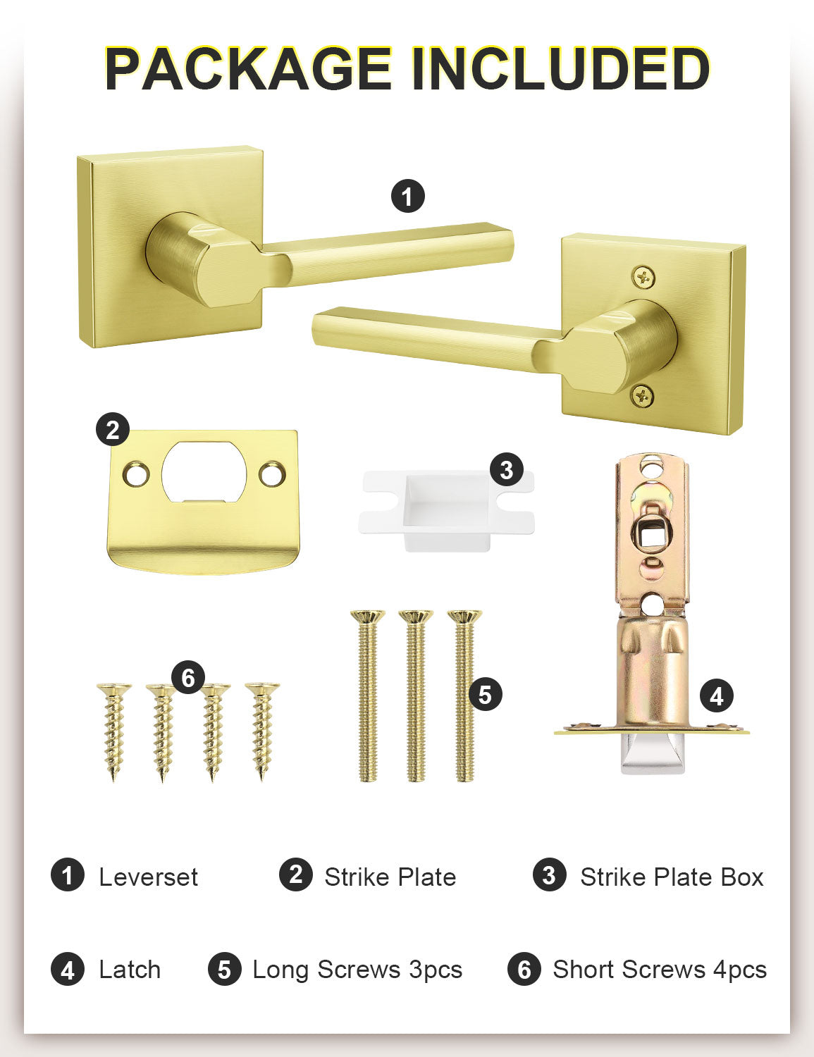 Brushed gold passage door lever set with handles, latch, screws, and instructions